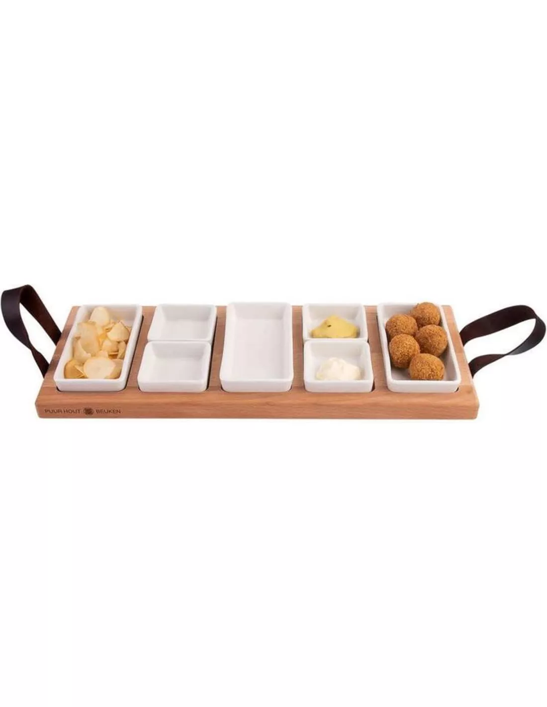 Bowls and dishes Borreltray puur hout 5 of 7 vaks plank met schaaltjes 5 vaks met 7 schaaltjes wit