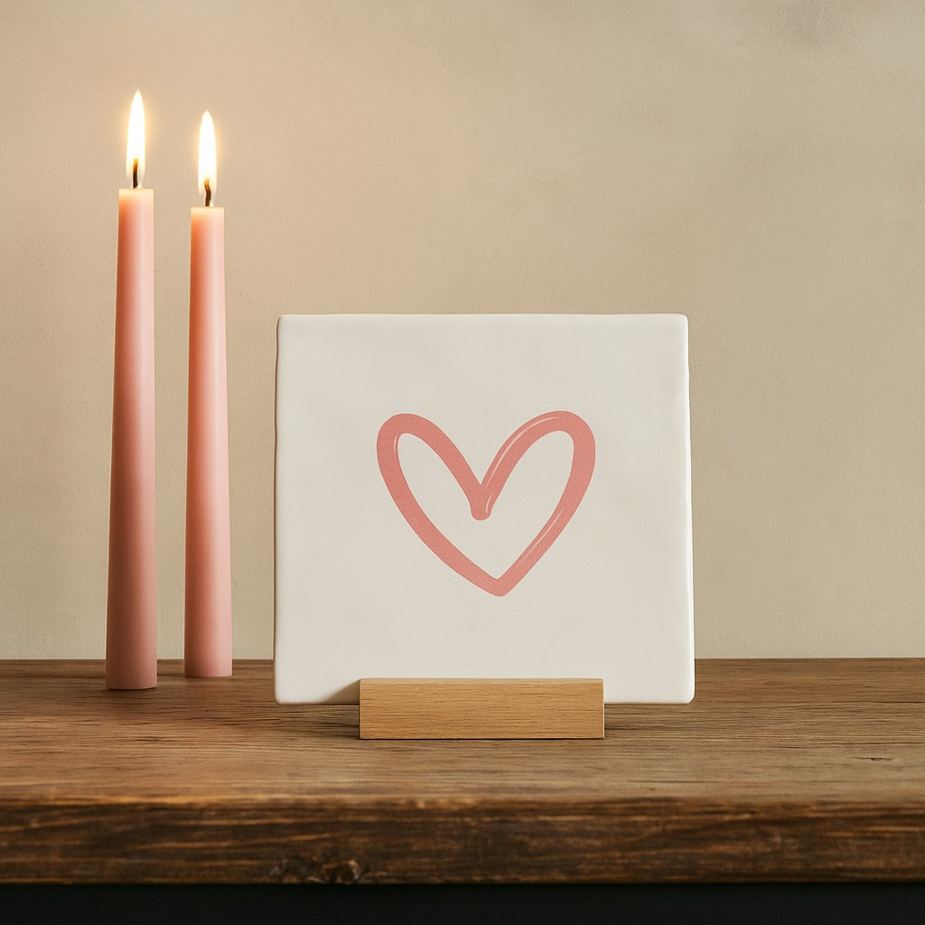 Originele tegeltjes inclusief houten standaardje Hartje open roze - 