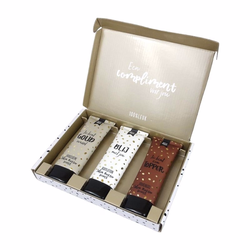 Giftset door de brievenbus met 3 tubes 'een compliment voor jou' 